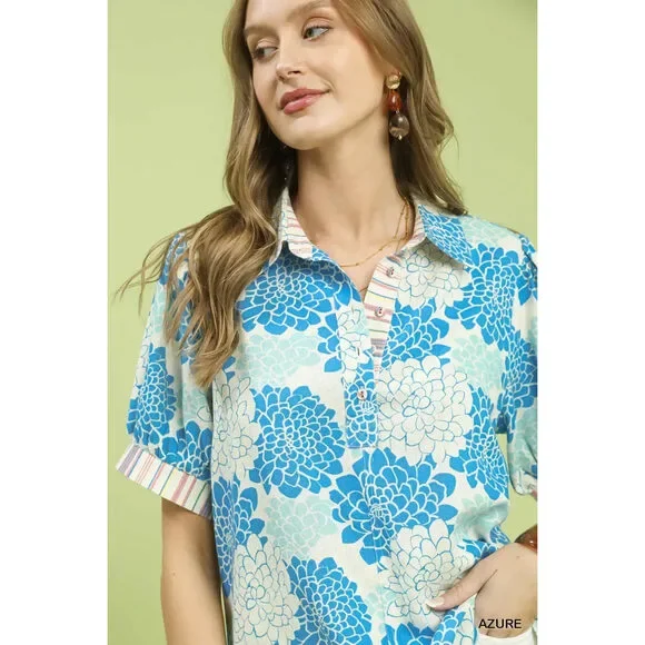 Umgee Floral Collared Short Sleeve Blouse - Picture 4 of 5